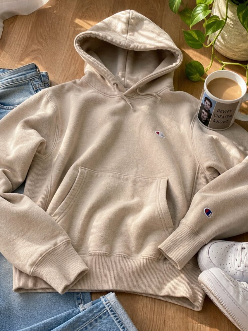 Champion Reverse Weave Hoodie XS Beige Tan Small Logo Streetwear Minimalist